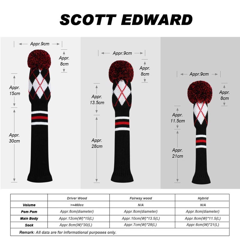 Scott Edward أغطية مضرب جولف محبوكة مخصصة سكوت إدوارد 4 قطع تناسب الخشب والسائقين للسائقين الأقصى والطرق السريعة والهجينة/الأدوات الكبيرة بوم بوم أنماط مخصصة لتزيين حقائب الجولف (أسود أبيض أحمر متعرج) - Image 3